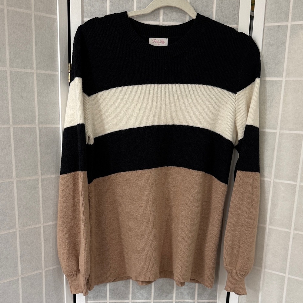 Pink Lily Striped Crewneck Sweater - Black, White, and Tan